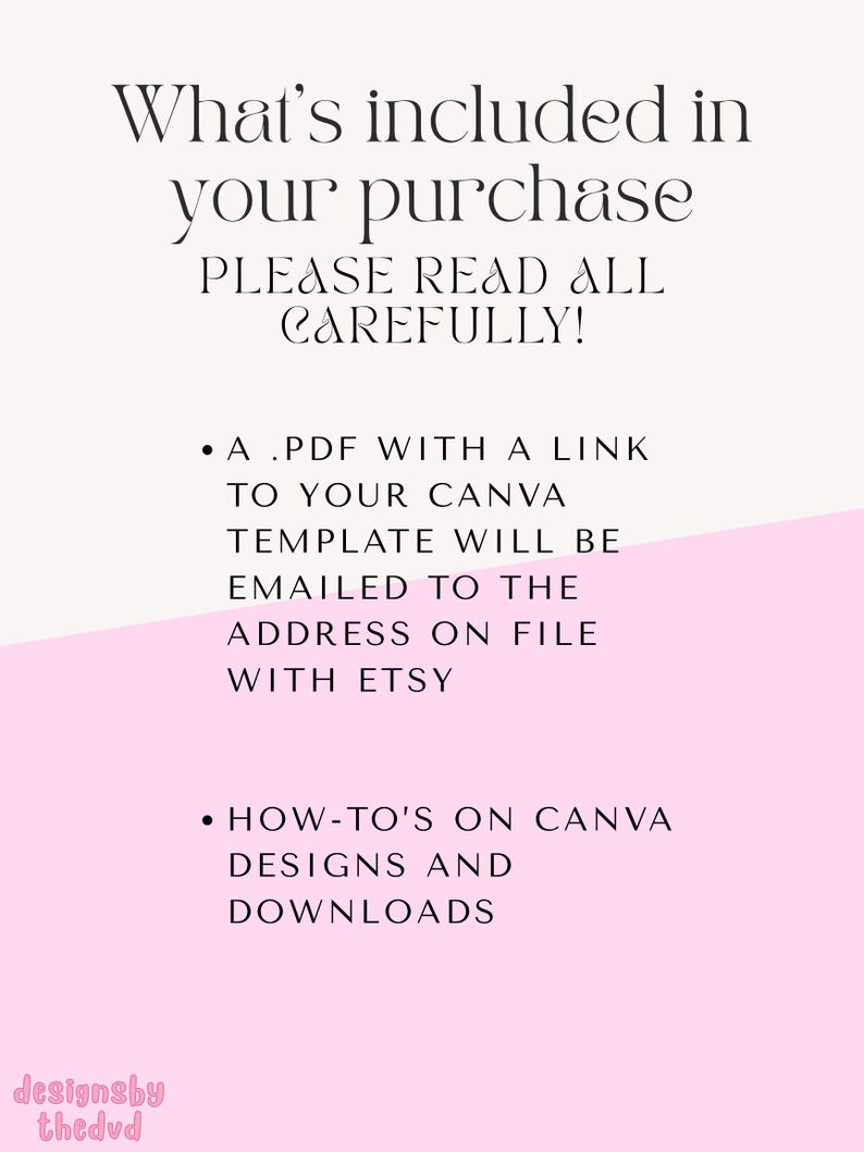 May include: A digital product image with text on a white and pink background. The text reads "What's included in your purchase" and lists a PDF with a Canva template link and Canva design how-to's. The Etsy shop name is at the bottom.