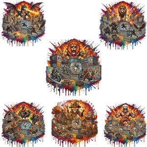 May include: A collection of six colorful, fantasy-themed illustrations with a rainbow paint splatter effect. Each image features anthropomorphic animals and characters in various action scenes, including a dragon, lion, and fox. The art style is detailed and vibrant.