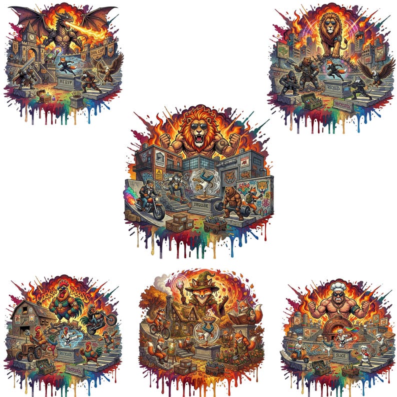 May include: A collection of six colorful, fantasy-themed illustrations with a rainbow paint splatter effect. Each image features anthropomorphic animals and characters in various action scenes, including a dragon, lion, and fox. The art style is detailed and vibrant.