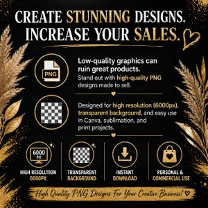 May include: Black and gold graphic with text: "CREATE STUNNING DESIGNS. INCREASE YOUR SALES." Features include PNG file format, high resolution, transparent background, instant download, and personal/commercial use. The text also states "High Quality PNG Designs For Your Creative Business!"