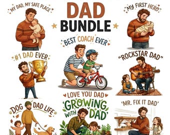 Vatertag PNG Bundle | Papa & Baby natürliche Illustrationen, bunte T-Shirt Designs