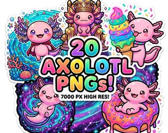 Kawaii Axolotl PNG Clipart Bundle, handillustrierte Sublimationsdesigns (digitaler Download)
