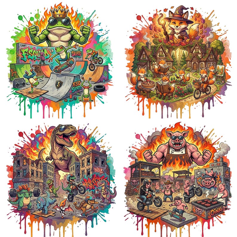 May include: Four colorful illustrations with a white background and paint splatter effect. The images depict a frog skateboarding, foxes in a village, dinosaurs in a city, and pigs grilling. Each image has a unique theme and vibrant color palette.