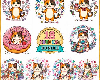 Kawaii Katze PNG Bündel, 18 Clipart-Designs, hochauflösende Sublimation (digitaler Download)