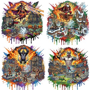May include: A vibrant, multi-panel illustration featuring Halloween, Christmas, and sports themes. The Halloween panel shows a witch, a haunted house, and monsters. The Christmas panel depicts Santa Claus and elves. The sports panel shows a gorilla and dogs.