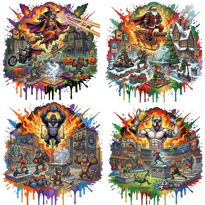 May include: A vibrant, multi-panel illustration featuring Halloween, Christmas, and sports themes. The Halloween panel shows a witch, a haunted house, and monsters. The Christmas panel depicts Santa Claus and elves. The sports panel shows a gorilla and dogs.