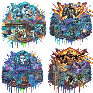 May include: A vibrant, comic-style illustration featuring four panels with various characters. The panels include a shark at a boardwalk, robots in a city, a shark DJ, and a lion superhero. Each panel is surrounded by colorful paint splatters.