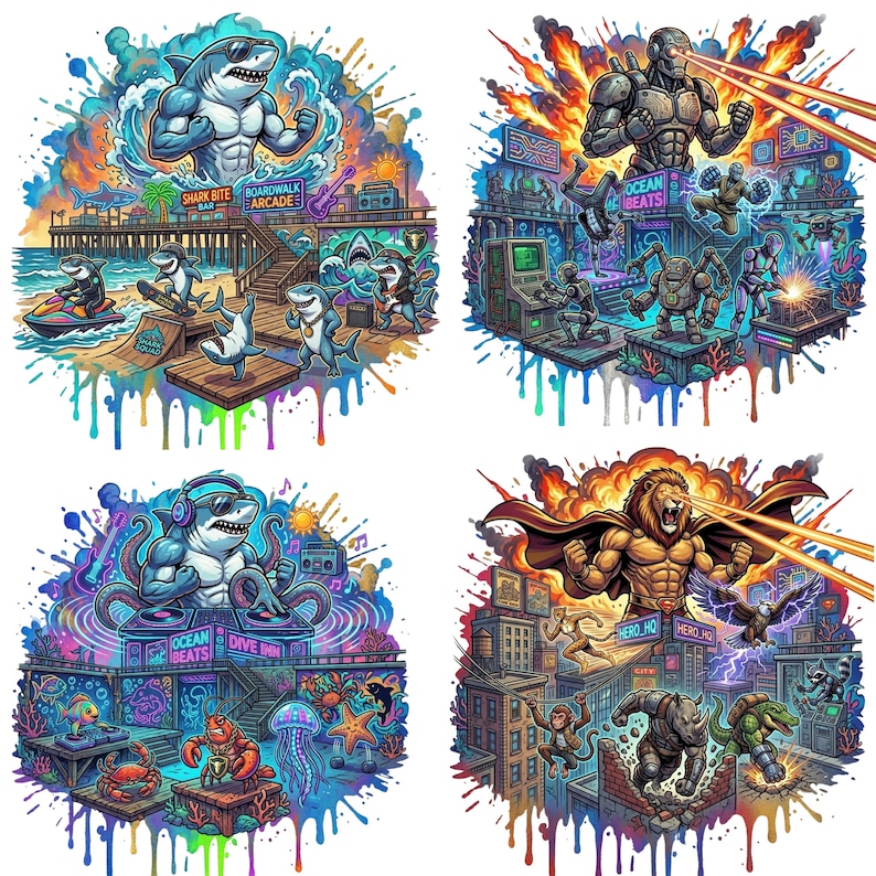 May include: A vibrant, comic-style illustration featuring four panels with various characters. The panels include a shark at a boardwalk, robots in a city, a shark DJ, and a lion superhero. Each panel is surrounded by colorful paint splatters.