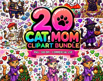 Katzen Mama Shirt PNG Bundle, 20 Clipart Designs, Sublimationsgrafiken (Digitaler Download)