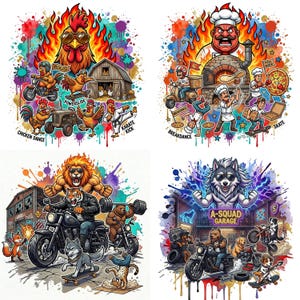 May include: Four colorful illustrations with a graffiti style. One features a rooster with flames, chickens, and the text "Chicken Dance." Another shows a chef, pizza, and the text "Breakdance." A third depicts a lion, tiger, and bear on motorcycles. The last shows a wolf and dogs with the text "A-Squad Garage."