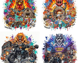 Lustiges Tier Street Art PNG Bündel | Biker Lion Wolf Frosch Pizza Chef Designs
