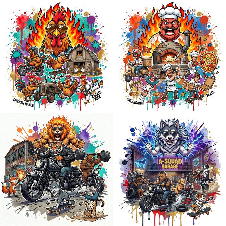 May include: Four colorful illustrations with a graffiti style. One features a rooster with flames, chickens, and the text "Chicken Dance." Another shows a chef, pizza, and the text "Breakdance." A third depicts a lion, tiger, and bear on motorcycles. The last shows a wolf and dogs with the text "A-Squad Garage."