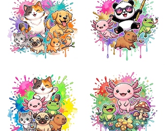 Fantasy Tier Clipart Bundle | Aquarell Axolotl, Frosch, Katze, Panda Designs (Digitaler Download)