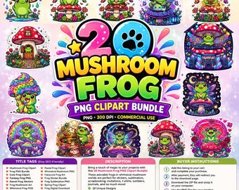 Pilz Frosch Clipart Bundle, Kawaii Fairycore PNG, Sublimationskunst (kommerzielle Nutzung)