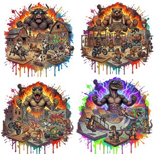 May include: A set of four colorful illustrations featuring muscular animals in various settings. One shows a bull, another a bear, a third a T-Rex, and the last a T-Rex on a skateboard. Each image has a vibrant, splash-like background.