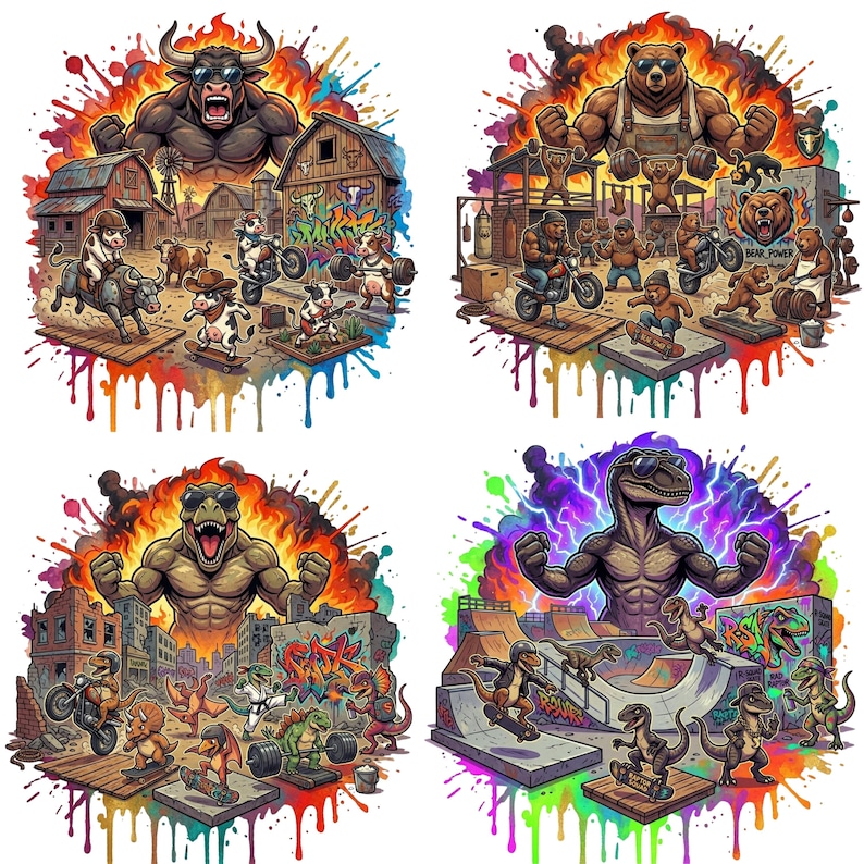 May include: A set of four colorful illustrations featuring muscular animals in various settings. One shows a bull, another a bear, a third a T-Rex, and the last a T-Rex on a skateboard. Each image has a vibrant, splash-like background.