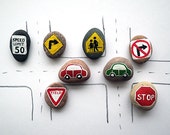 Road Signs and Cars with Magnets, Traffic Symbols, Play for Magnetic Chalkboard, Gift Idea for Boy, Painted Beach Pebbles, Sea Stones