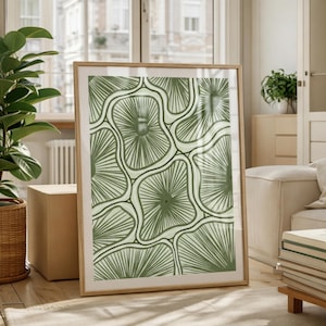 May include: A framed wall art print featuring a repeating pattern of organic, amoeba-like shapes in shades of sage and forest green. Each shape contains fine, radiating lines that converge toward a central point, set against a light background.