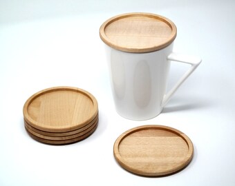 Set of wooden coasters - Wooden Mug Coaster and Lid - Minimalist wooden coaster- Set of two