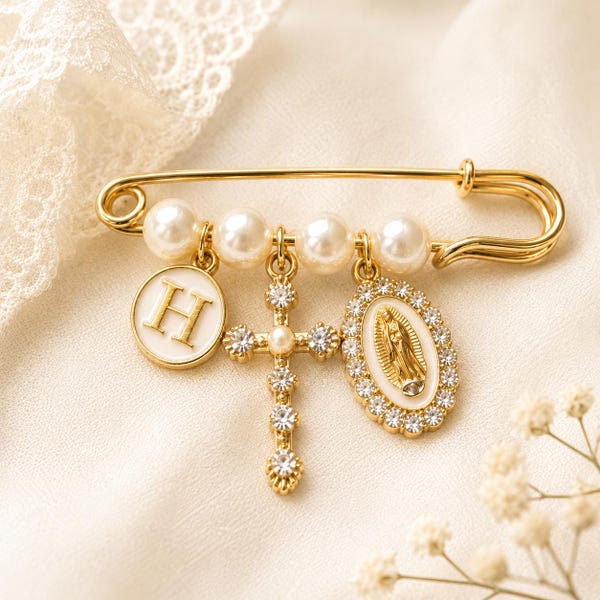 Personalized Catholic Baptism Pin, Pearl Marian Brooch, Christening Keepsake Gift