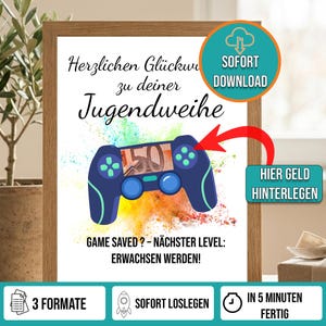 Könnte beinhalten: Gerahmter Druck mit einem blauen Videospiel-Controller-Design, mit einem 50-Euro-Schein in der Mitte. Der Druck enthält deutschen Text und einen farbenfrohen Spritzer-Hintergrund. Zusätzlicher Text lautet: "Game Saved? - Next Level: Grow Up!"