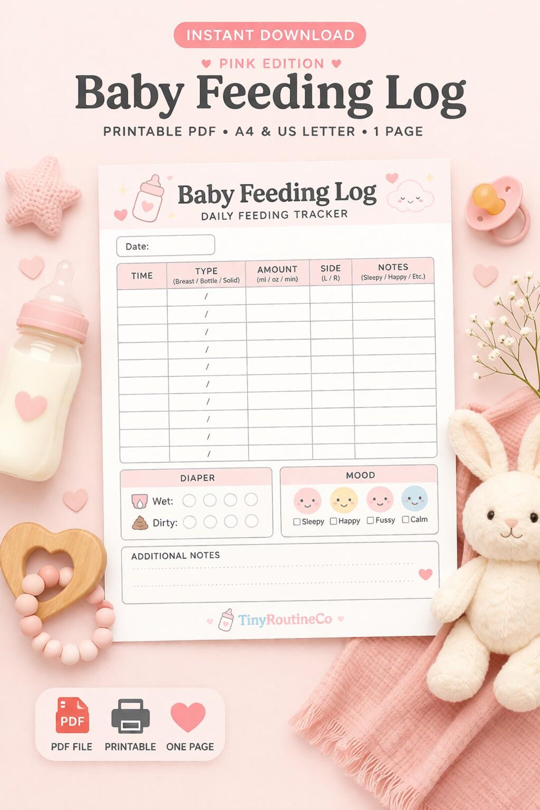 Baby Feeding Log Printable Pink, New Mom Feeding Tracker, Breastfeeding ...