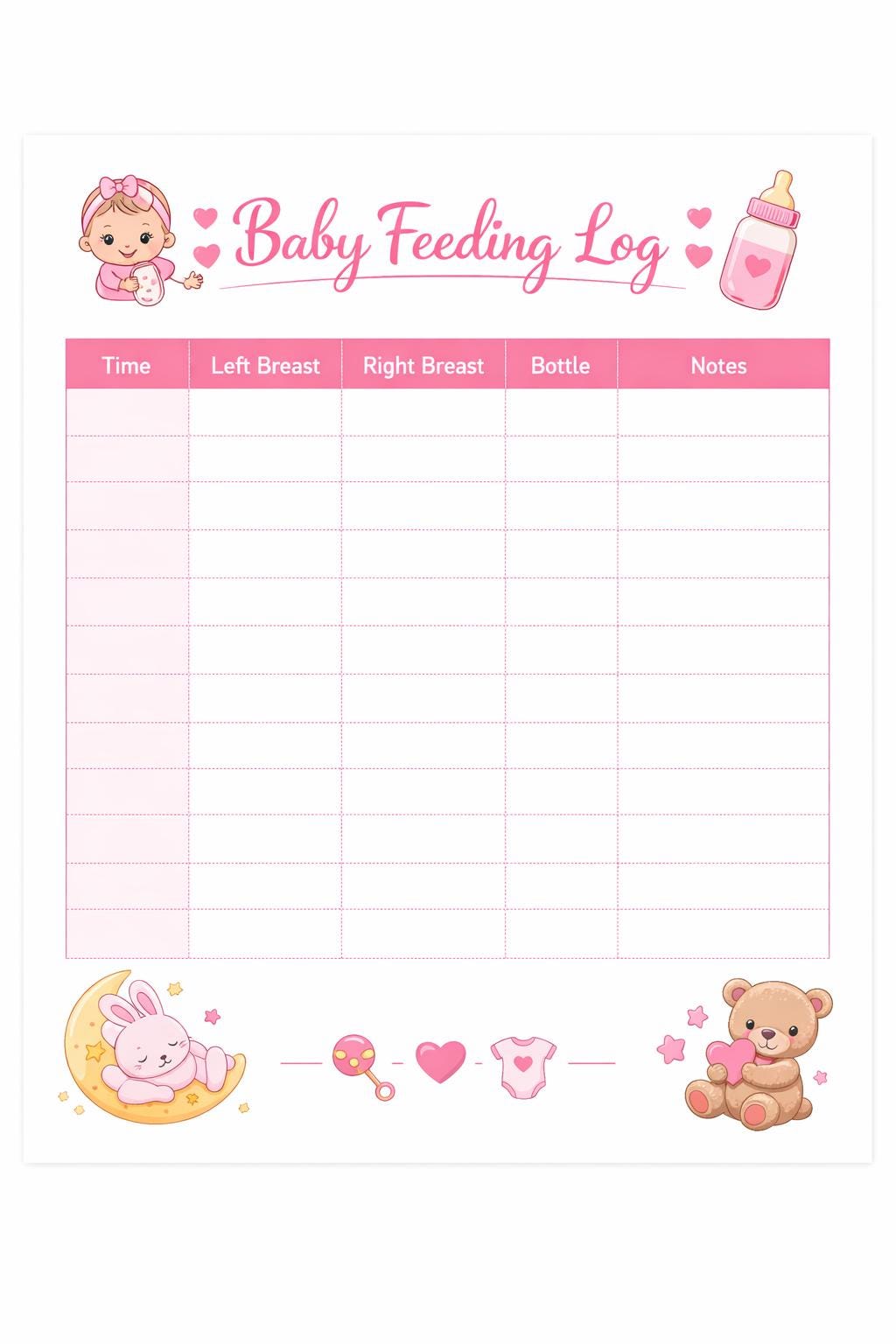 Baby Feeding Log Printable Pink, New Mom Feeding Tracker, Breastfeeding ...