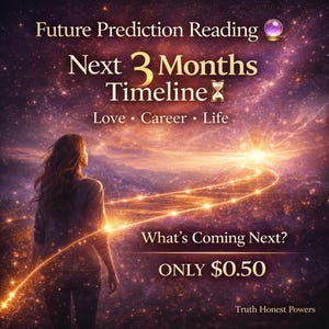 May include: An image with the text "Future Prediction Reading" and "Next 3 Months Timeline." A woman stands facing a bright light, with the words "Love, Career, Life" below the timeline. The text "What's Coming Next?" is also visible.