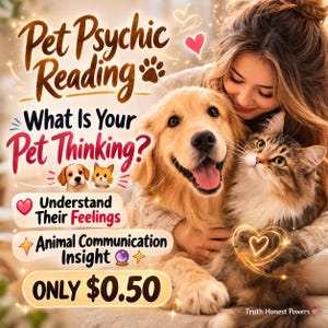 May include: An advertisement for a pet psychic reading. The image shows a golden retriever and a tabby cat being embraced by a person. Text includes "Pet Psychic Reading", "What Is Your Pet Thinking?", and "Understand Their Feelings".