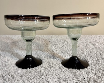 Hand Blown Mexican Margarita Glasses Set 2 Smoked Brown Rim Glass Barware