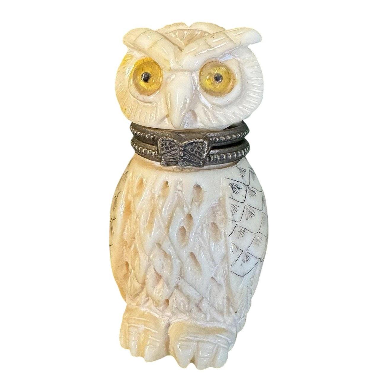 Vintage White Stone Carved Owl Trinket Box Hinged Metal Jewelry Snuff Box