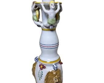 Vtg Italian Majolica Style Figural Candlestick Candle Holder Lion Cherubs 10"