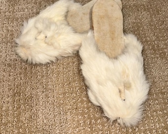 Vintage Real Rabbit Fur Childrens Slippers 8.5" 4Y Wht House Shoes Hand-Stitched