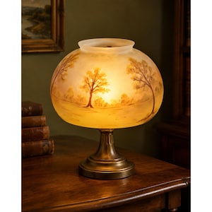 Antique Reverse Painted Glass LampShade Scenic Tree Pairpoint Era 6" Fitter