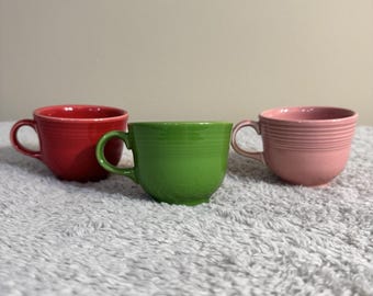 Set Of 3 Fiesta Teacups Pink Red Green Excellent Condition