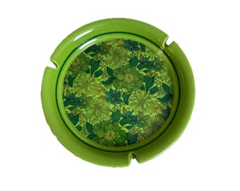 Vintage Hyalyn Porcelain Ashtray 7 Inch Lime Green Floral Mid Century Modern USA