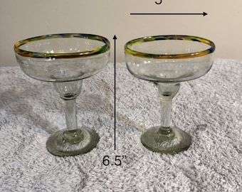 Hand Blown Mexican Margarita Glasses Set 2 Confetti Rim Recycled Glass Barware