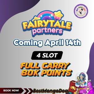 Puede incluir: Gráfico promocional para "Fairytale Partners" con texto que anuncia su llegada el 14 de abril. La imagen presenta un arcoíris, una estrella y las palabras "4 SLOT" y "FULL CARRY 80K POINTS". También hay un logotipo de "Best Mongo Deals".