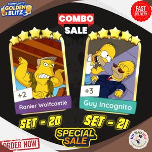 Pegatinas de Ranier Wolfcastle y Guy Incognito para el Golden Blitz de Monopoly GO - 28 de julio