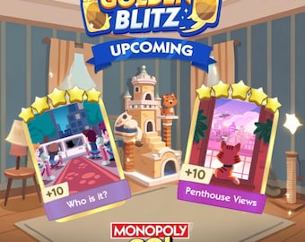 Monopoly GO! Golden Blitz Combo: Pegatinas de vistas al ático y ¿Quién es? (Mascotas elegantes) 5 de abril