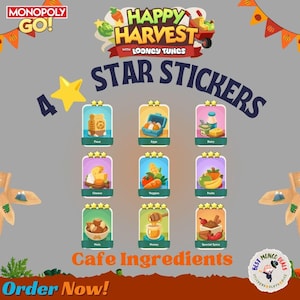 May include: A Monopoly Go Happy Harvest with Looney Tunes digital graphic displaying nine 4-star stickers labelled Cafe Ingredients. The stickers feature illustrations of flour, eggs, dairy, cheese, veggies, fruits, nuts, honey, and special spice.