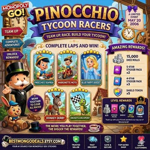 Op de afbeelding: Een promotionele afbeelding voor het Monopoly Go! Pinocchio Tycoon Racers-evenement. De afbeelding toont personages uit het Pinocchio-verhaal, waaronder Pinocchio, de Blauwe Fee en andere game-elementen. De tekst bevat "Complete Laps and Win!" en "Amazing Rewards!"