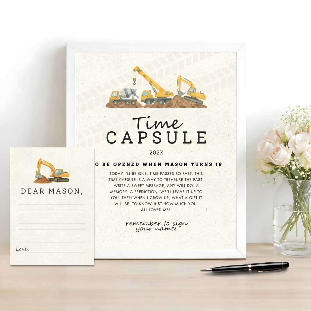 Construction Time Capsule Sign and Card, First Birthday Keepsake ...