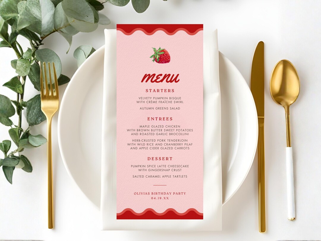 Berry Birthday Menu Template | Strawberry Party Food Sign (digital ...
