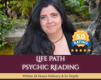 May include: A digital graphic featuring a person with long dark hair, a 5.0 rating badge with five stars, and text that reads: LIFE PATH PSYCHIC READING, Within 24 Hours Delivery & In-Depth. The background shows blurred green foliage and water.
