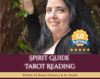 May include: A digital graphic featuring a person with long dark hair wearing a black cardigan over a pink top. The text reads SPIRIT GUIDE TAROT READING, Within 24 Hours Delivery & In-Depth, and includes a yellow 5.0 RATING badge with five stars.