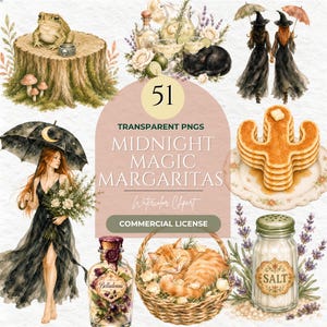 May include: A collection of watercolour illustrations featuring a toad on a tree stump, a black cat, two witches with umbrellas, a person with a moon umbrella, cactus-shaped pancakes, a salt jar, a ginger cat in a basket, and a potion bottle.