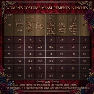 May include: A size chart for costumes with columns for bust, shoulder, sleeve, torso, high waist, low waist, and hip measurements in inches. The table lists sizes from XS to XXL. Text includes 'WOMEN'S COSTUME MEASUREMENTS IN INCHES' and a note.