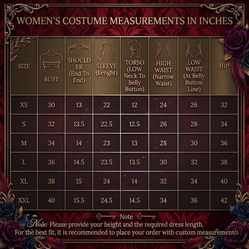 May include: A size chart for costumes with columns for bust, shoulder, sleeve, torso, high waist, low waist, and hip measurements in inches. The table lists sizes from XS to XXL. Text includes 'WOMEN'S COSTUME MEASUREMENTS IN INCHES' and a note.