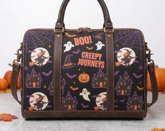 Halloween Duffle Bag, Spooky Leather Weekender Travel Bag, Creepy Journeys Vintage Luggage, Witch and Ghost Overnight Bag, Gothic Pumpkin